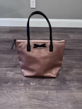Kate  spade Rose Gold Glitter Tote/purse with Black Handles and Bow, med.